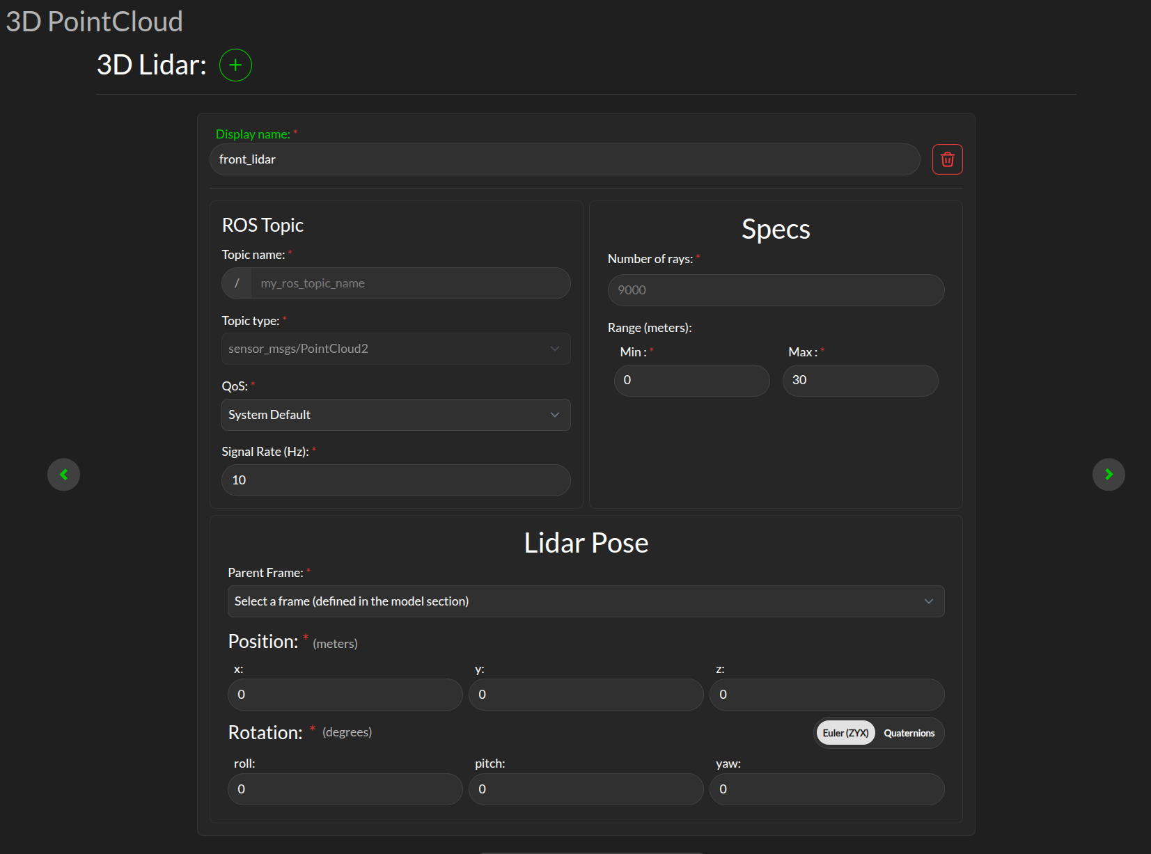 Configuration > Lidar Tab